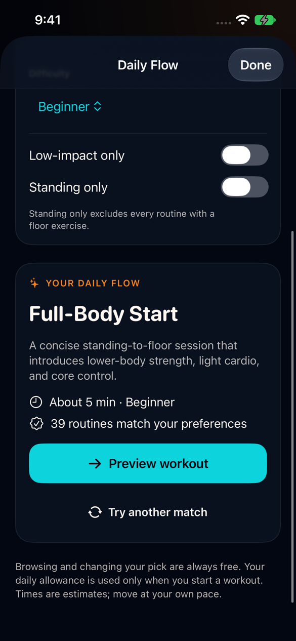 FitUp 1.2 Daily Flow showing a matching workout and the preferences it satisfies